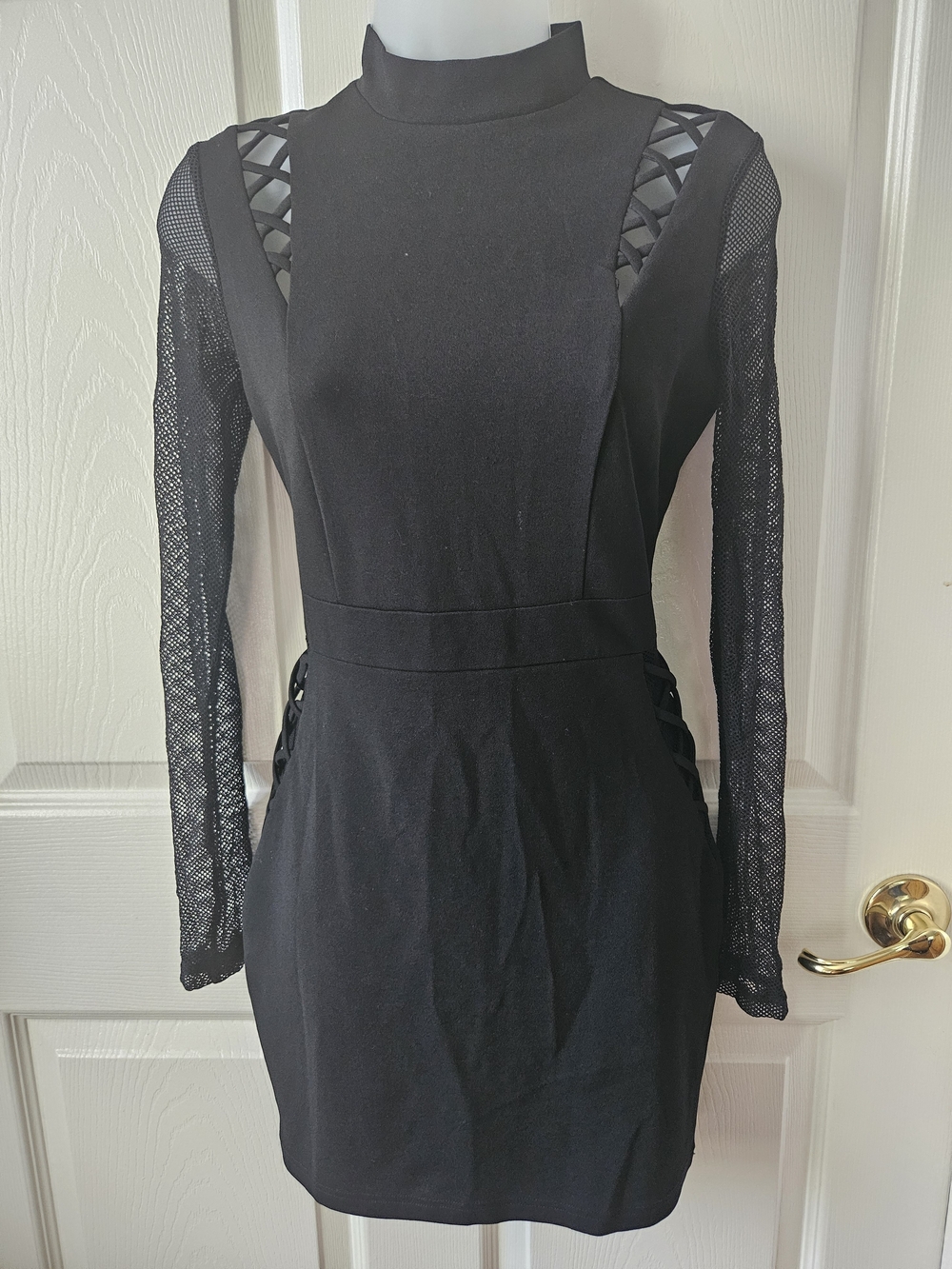 Black Mesh-Sleeve Mini Dress with Lattice Details